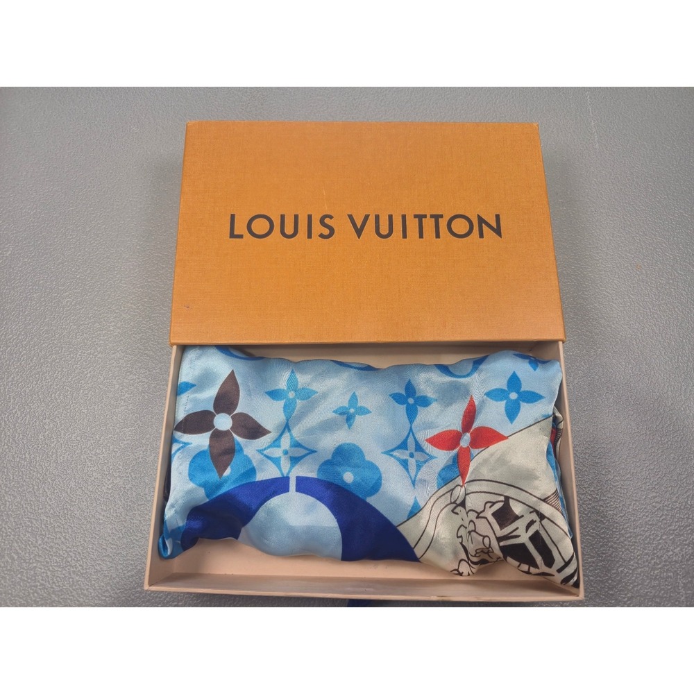 Louis Vuitton Blue Monogram Silk Scarf Travelling Requisites‎ Square 34in Box